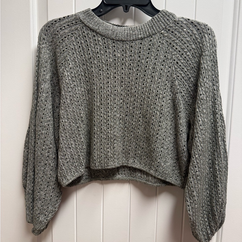 Zara Cropped Sweater Womens Size Large Olive Green Knit Long Sleeve Diamond